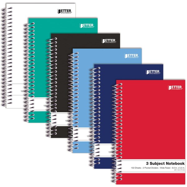 Better Office Products 3 Sub NB, 9.5in. x 5.5in. 6 Pk, 150 Shts W/2 Double-Sided Pkt Div, Asst'd Color Covers, 6PK 25746 - main